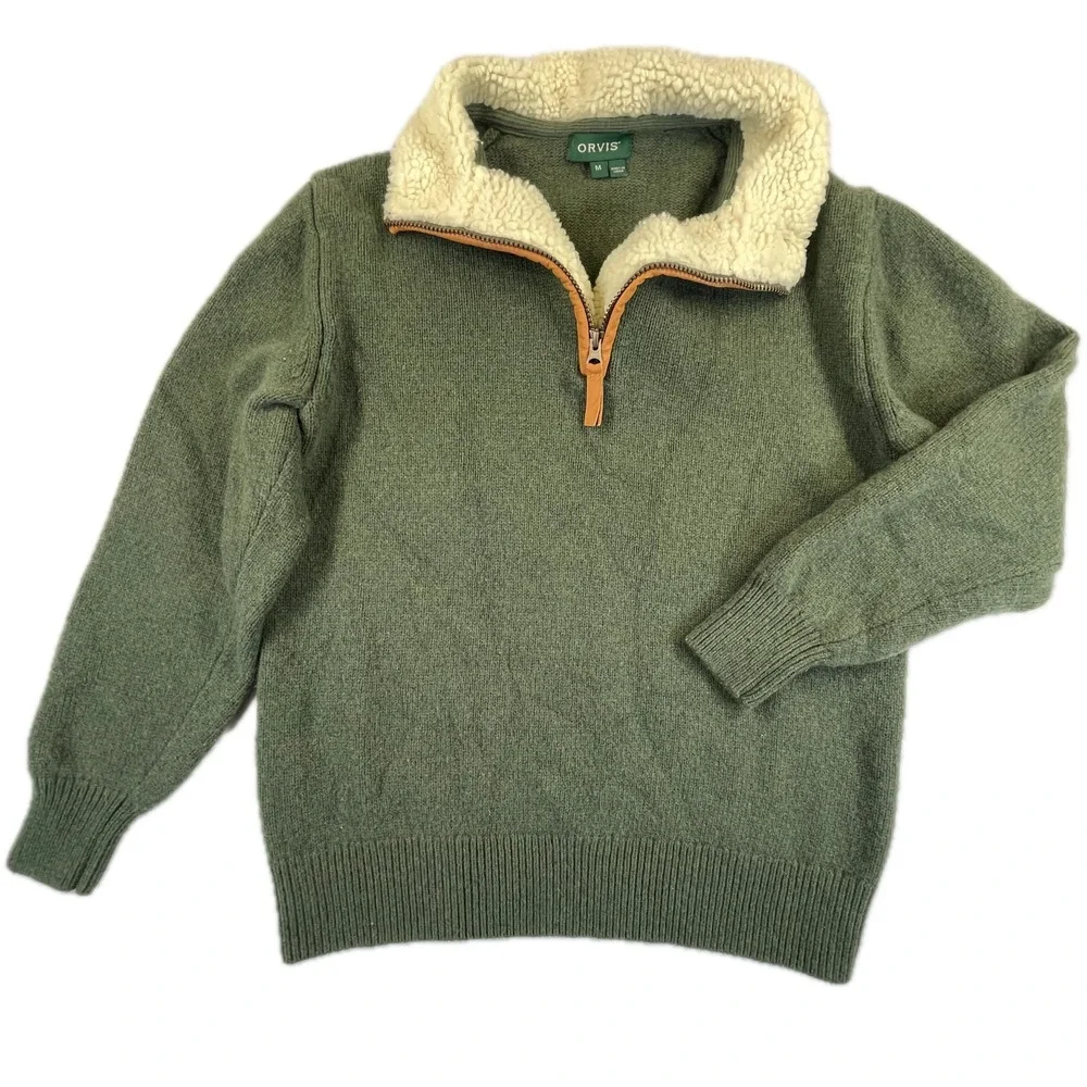 Orvis Quarter Zip Sherpa Collar Lambswool Sweater Size M Green Leather Trim Fall